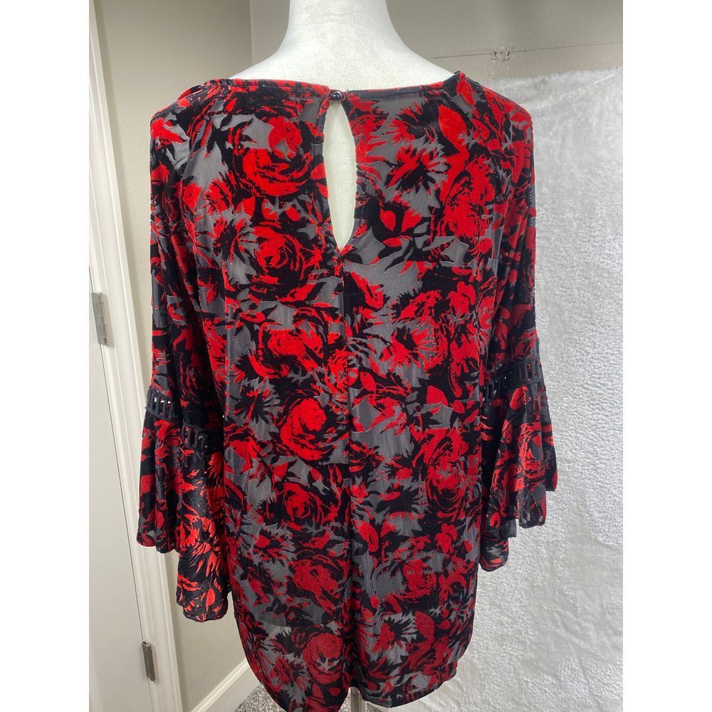 Cupio Women's Burnout Blouse Sz L Velvet Red Black Bell Sleeve Whimsygoth Gypsy - Picture 2 of 6
